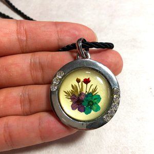 Pressed Flower Pendant with Crystal Necklace
